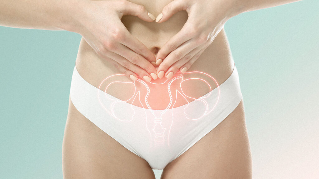 Abstrakte Darstellung des weiblichen Unterbauchs mit schematischer Gebärmutter als Symbol für gynäkologische Gesundheit